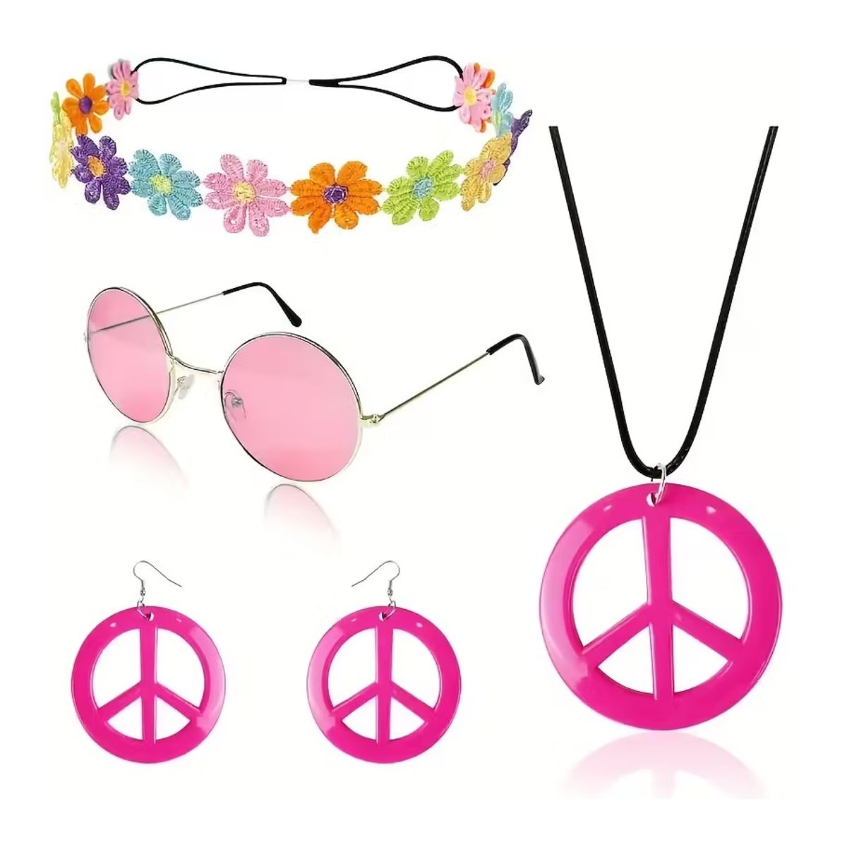 GENERICO - Set x 4 accesorios disfraz hippie retro años 70 Halloween