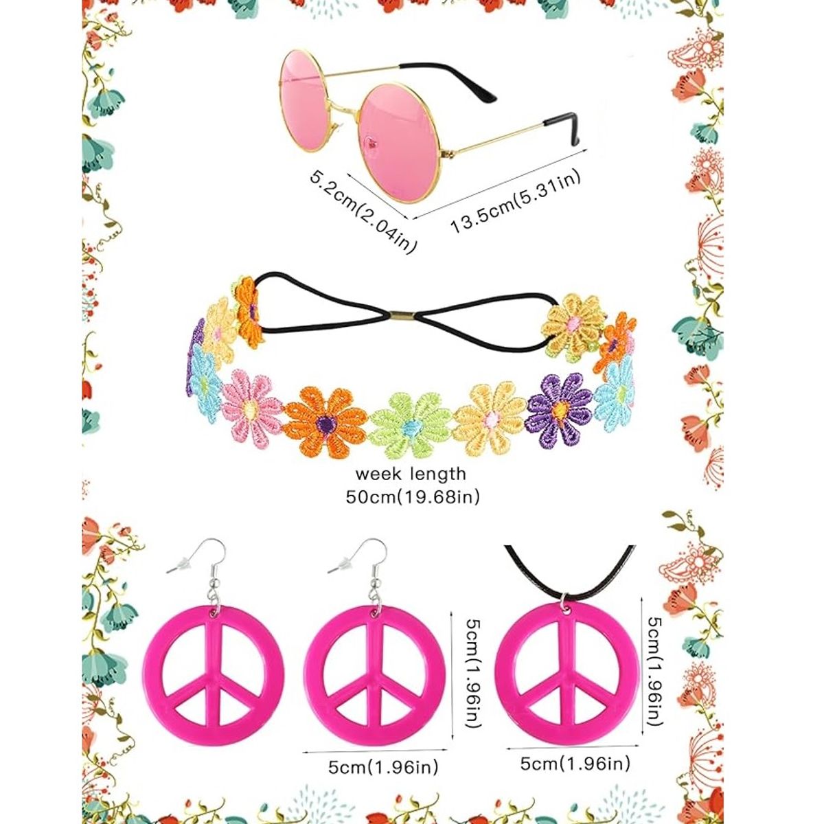 GENERICO - Set x 4 accesorios disfraz hippie retro años 70 Halloween