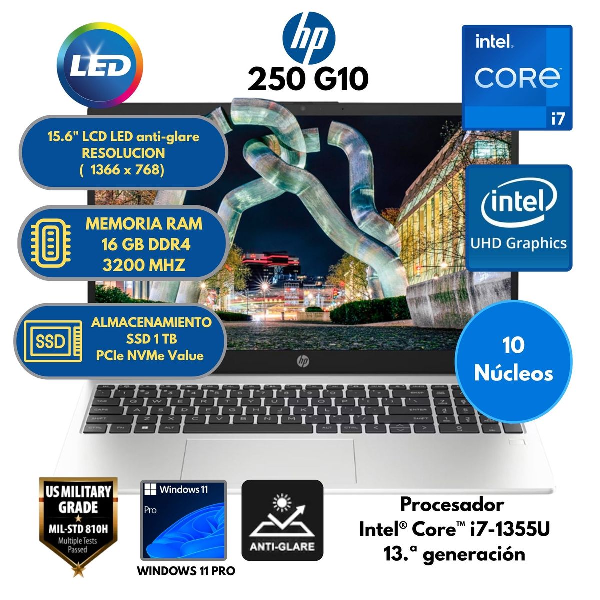 HP - Laptop HP Intel Core i7 (250 G10) RAM 16 GB SSD 1 TB 15.6" LCD LED Windows 11 PRO