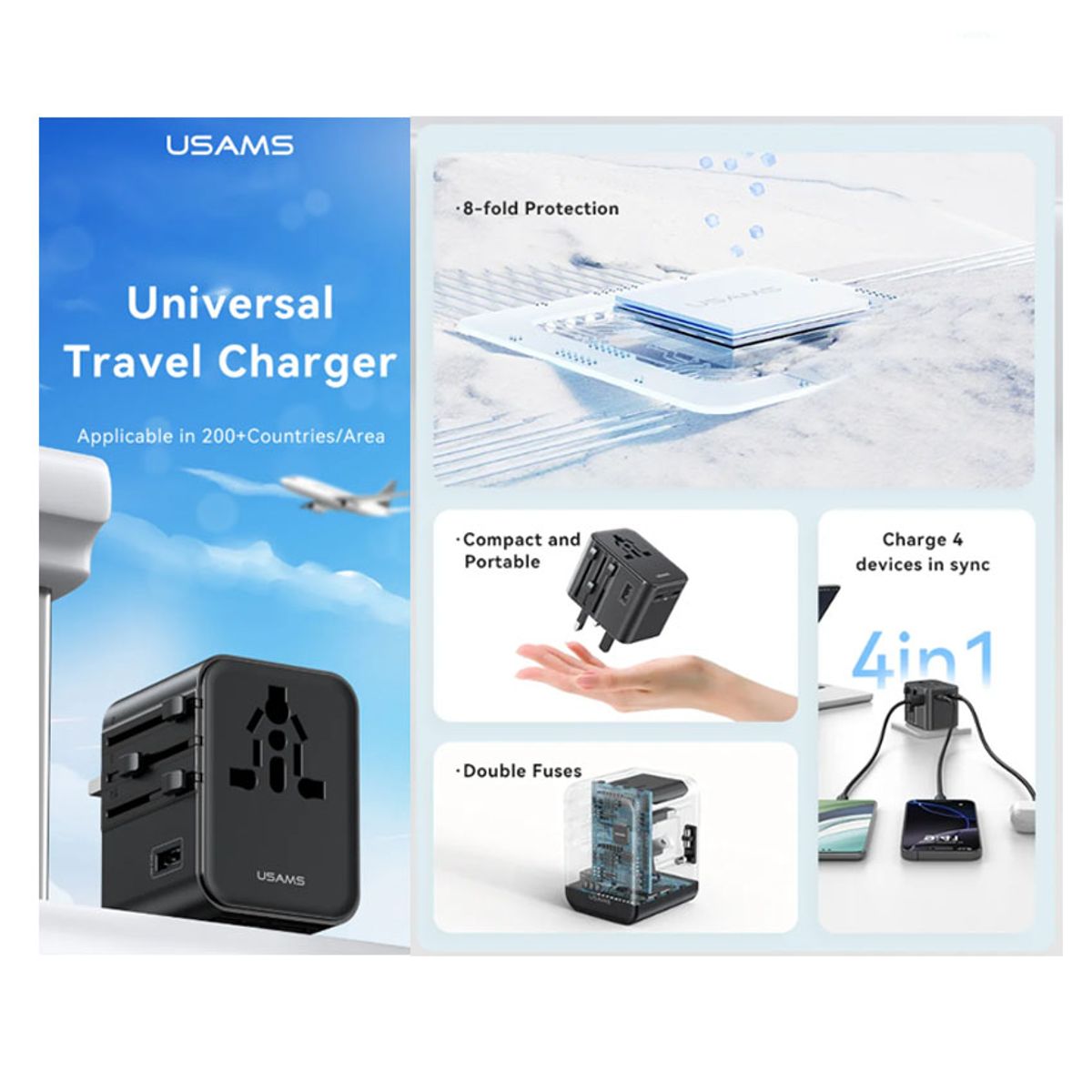 USAMS - Adaptador Universal de Viaje USAMS USB-C+USB-A 17W iPhone Xiaomi