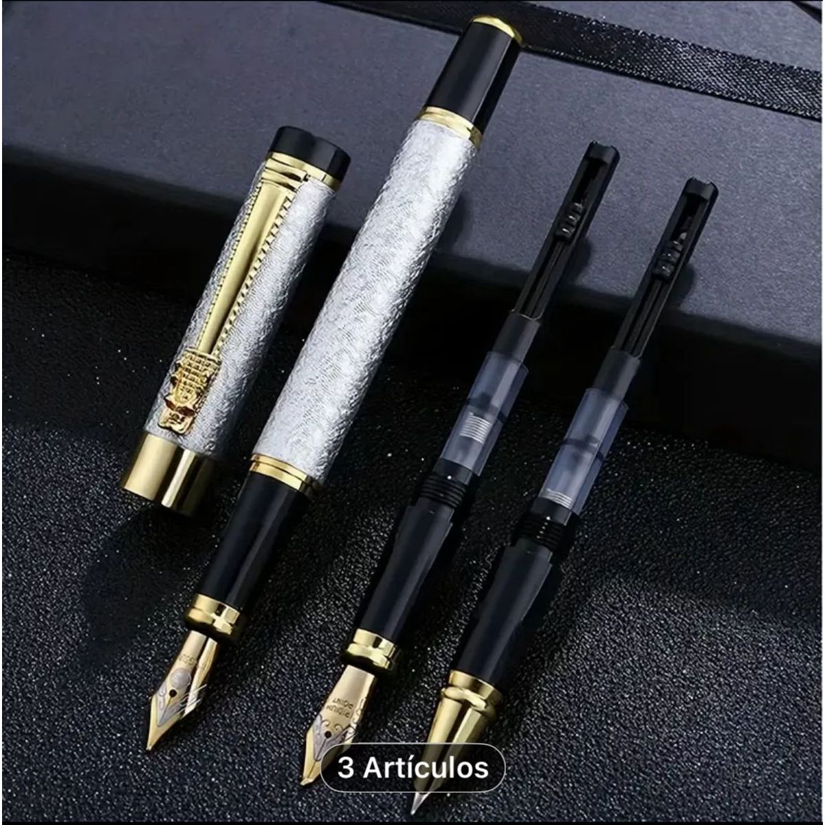 GENERICO - LAPICERO PLUMA FUENTE x 3 BOLIGRAFO con 9 cartuchos de tinta PLATA