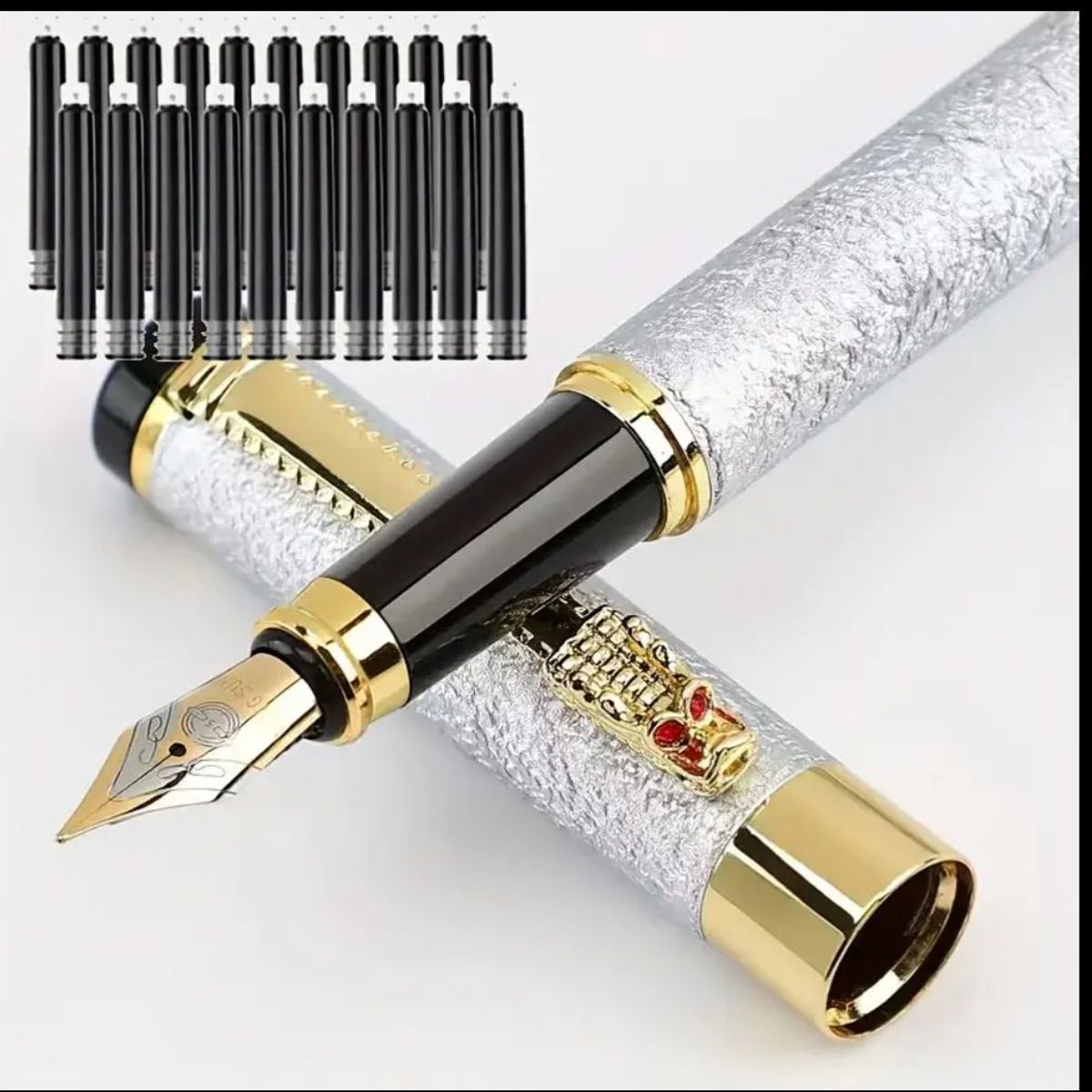 GENERICO - LAPICERO PLUMA FUENTE x 3 BOLIGRAFO con 9 cartuchos de tinta PLATA