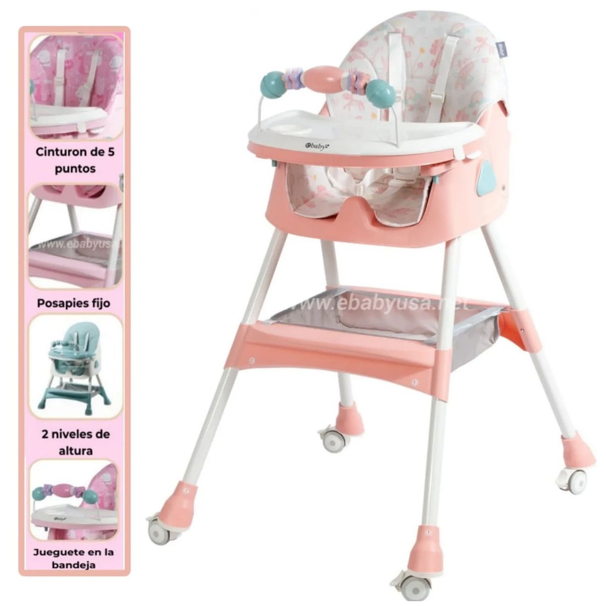 EBABY - Silla de Comer Ebaby Plegable Doble Bandeja LULU Rosa con Ruedas