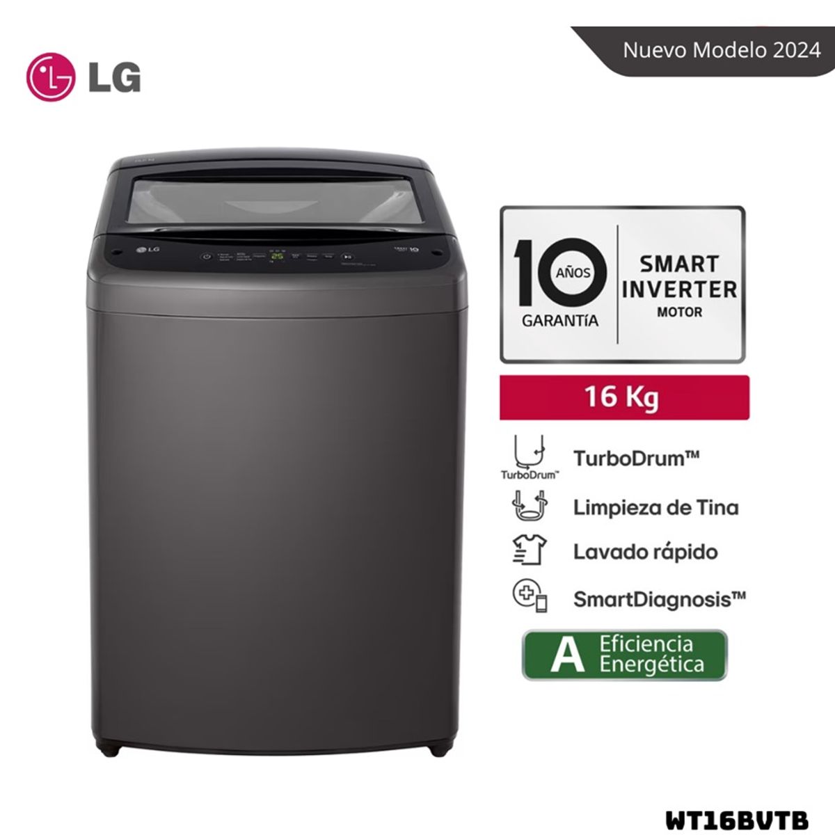 LG - LAVADORA LG TURBODRUM 16 KG CARGA SUPERIOR NEGRO CLARO - WT16BVTB