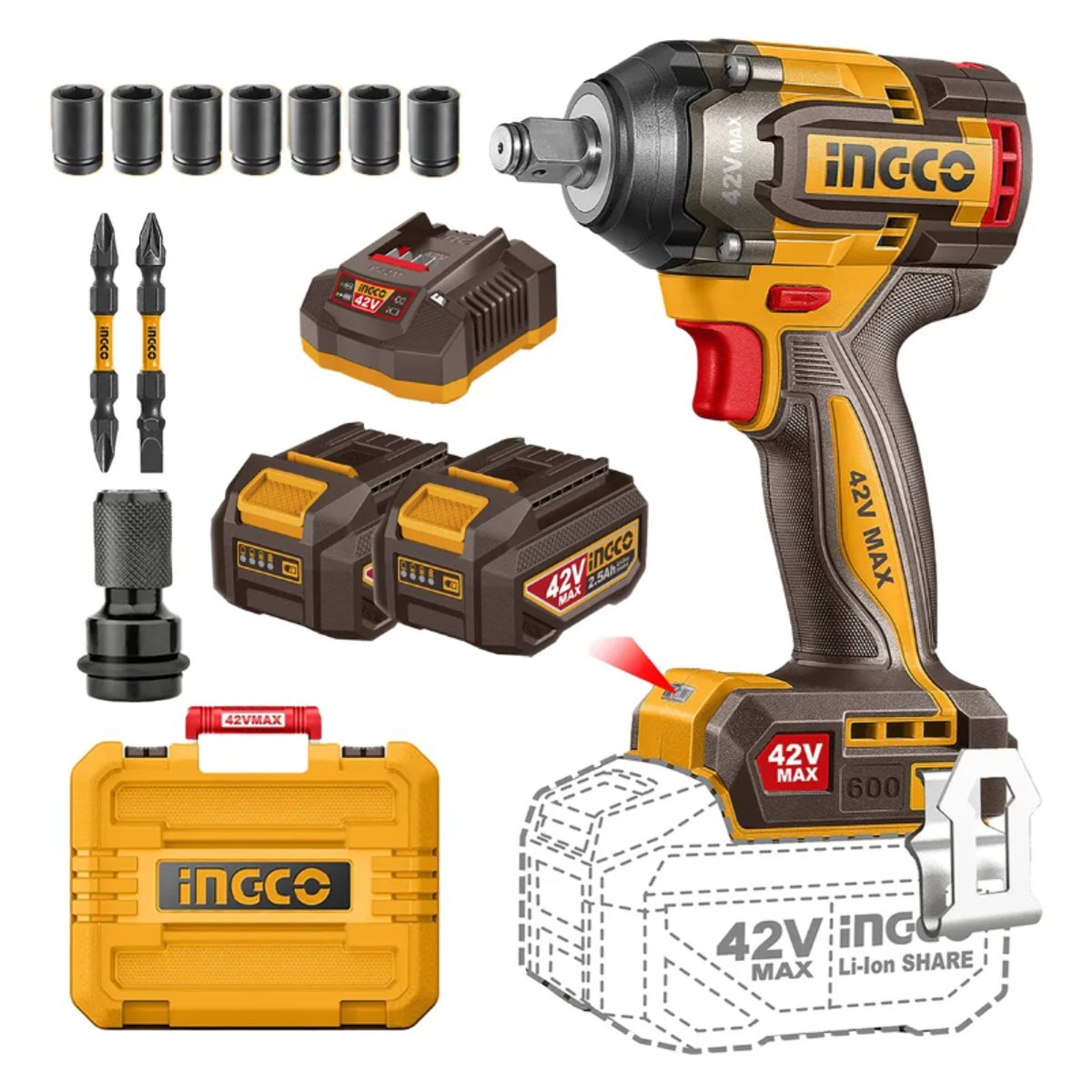 INGCO TOOLS - Llave De Impacto Inalambrica Brushless+accs Ingco Ciwli42602