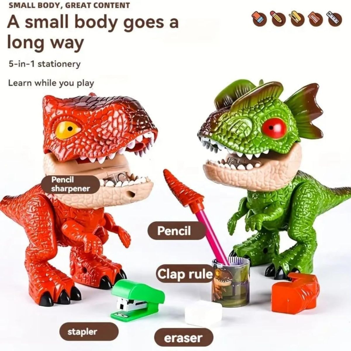 GENERICO - DINO 5 EN 1 ROJO CON UTILES ESCOLARES PARA NIÑOS SCHOOL