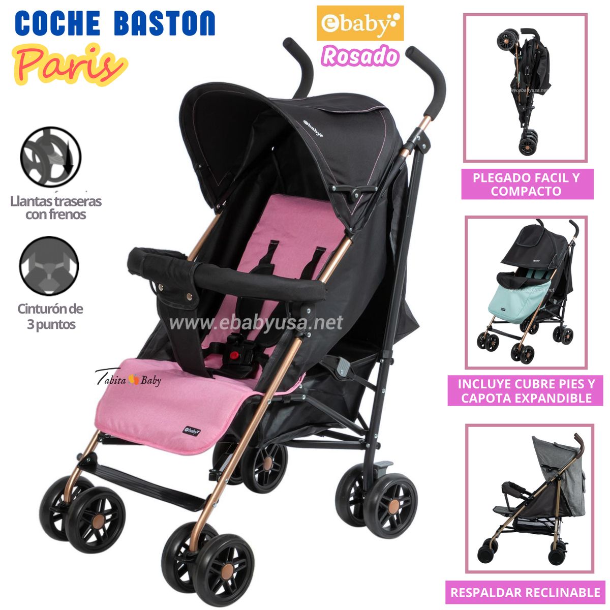Coche Bastón para bebe Paris Rosado, marca EBABY - Foto Principal