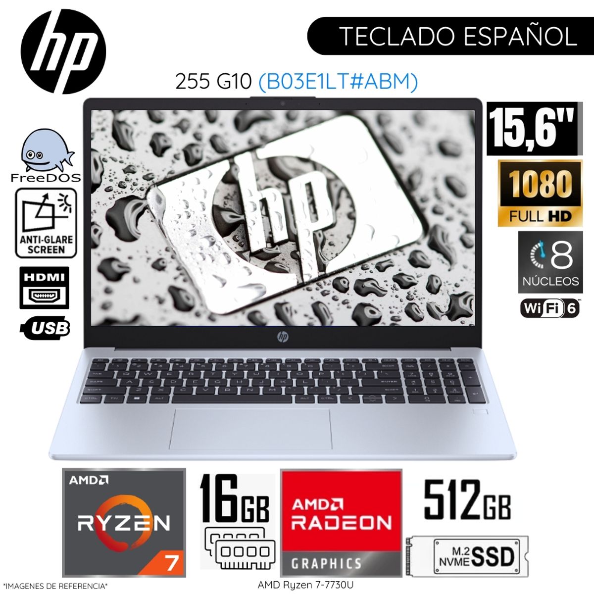 HP - Laptop HP 255 G10 AMD Ryzen7-7730U 16GB RAM 512GB 15.6"  Pulg FHD FreeDos (B03E1LT)