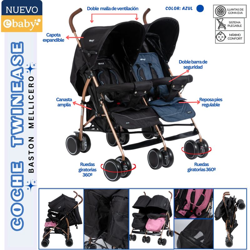 EBABY - Coche Baston para bebe Gemelar Twinease Azul