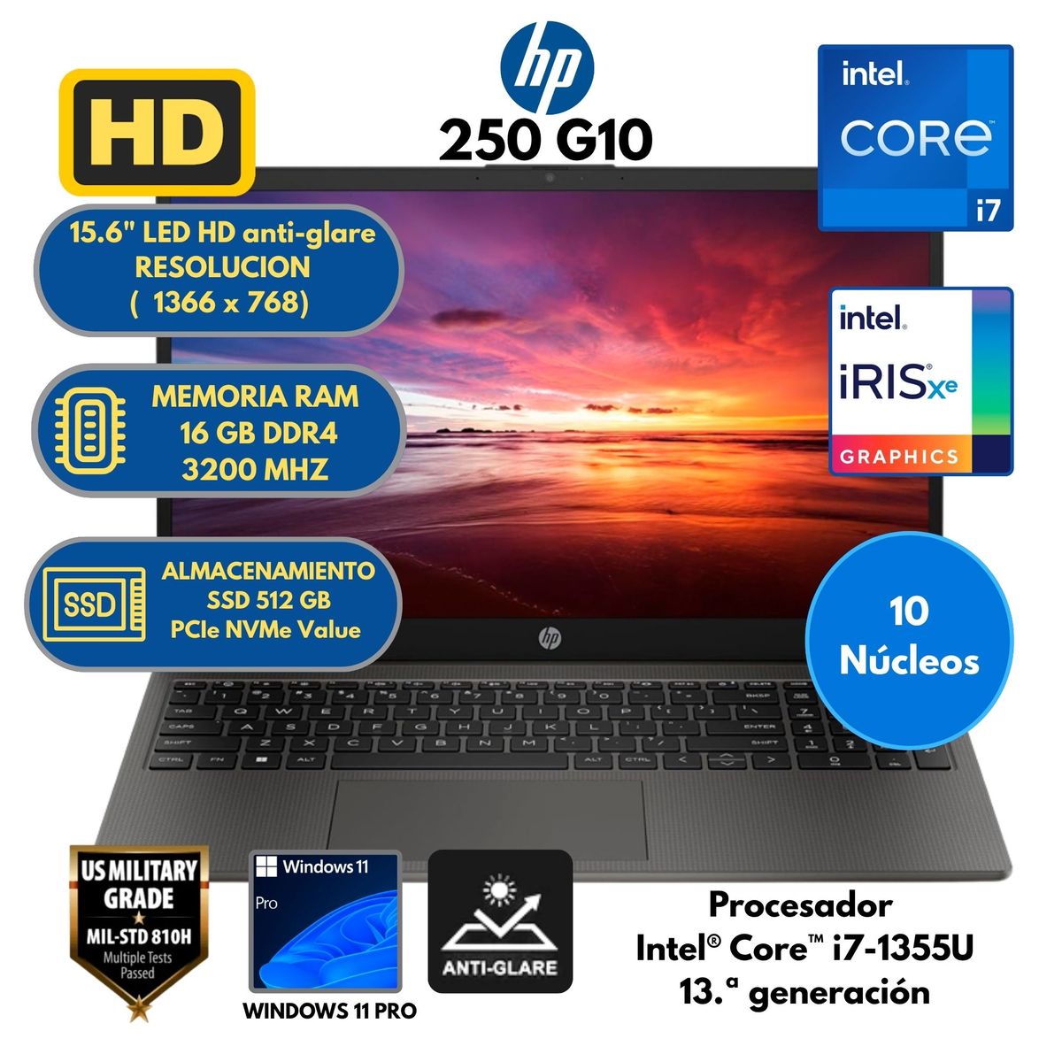 HP - Laptop HP Intel Core i7 (250 G10) RAM 16 GB SSD 512 GB 15.6" LED HD Windows 11 PRO