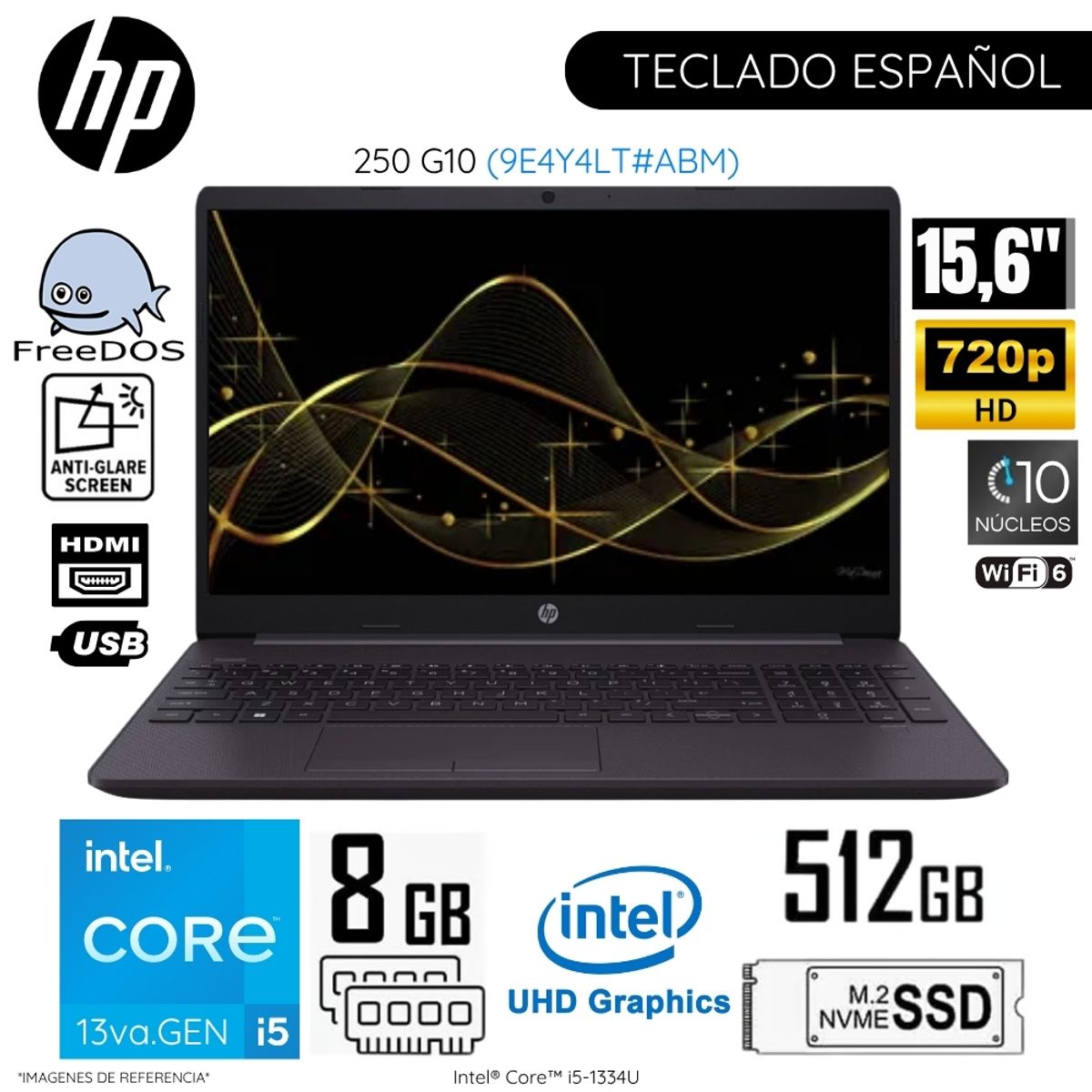 HP - Laptop HP 250 G10 Intel Corei5-1334U 8GB RAM 512GB SSD 15.6"  Pulg. HD FreeDos (9E4Y4LT)