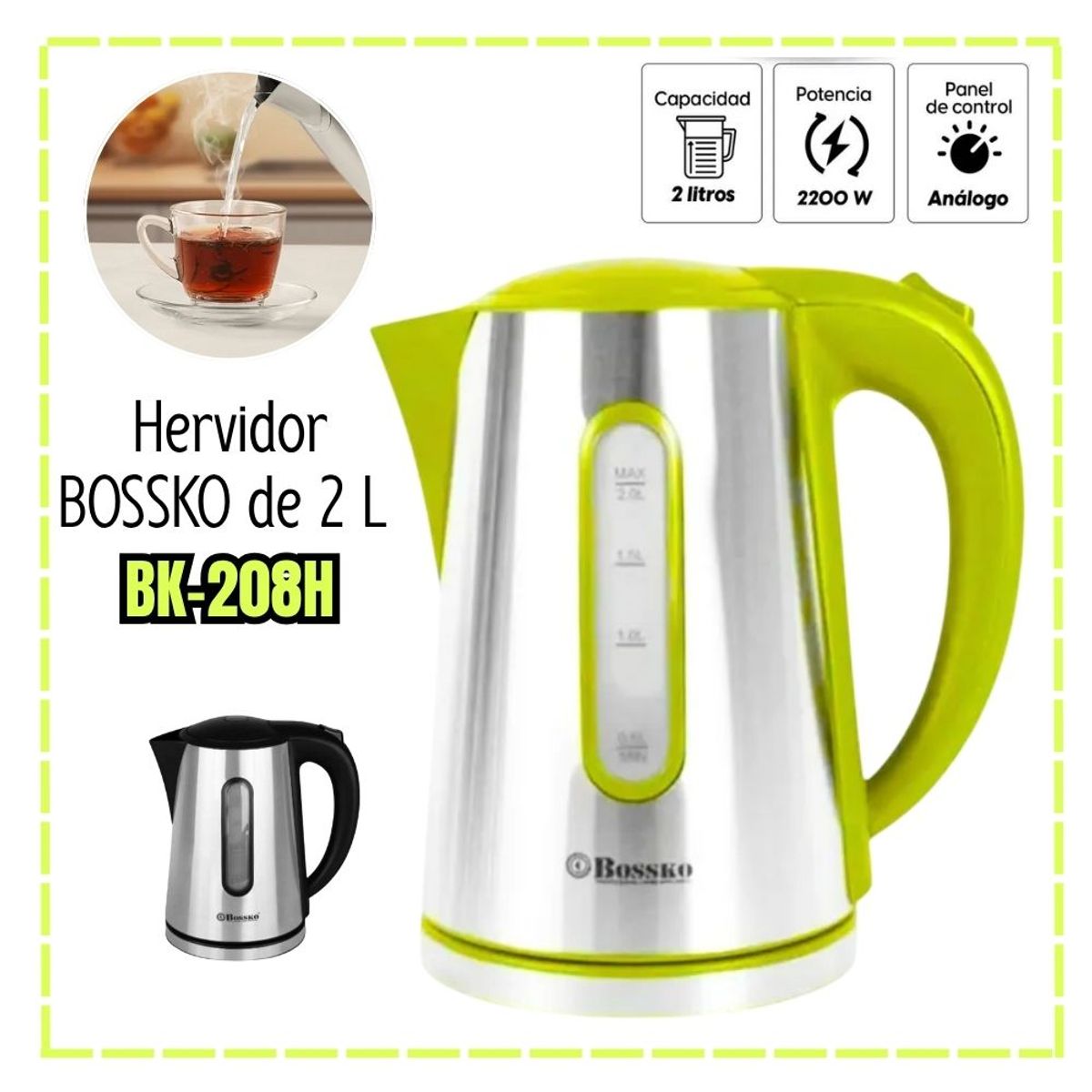 BOSSKO - Hervidor Eléctrico Bossko 2 Litros Acero 2200 Watts BK-208H