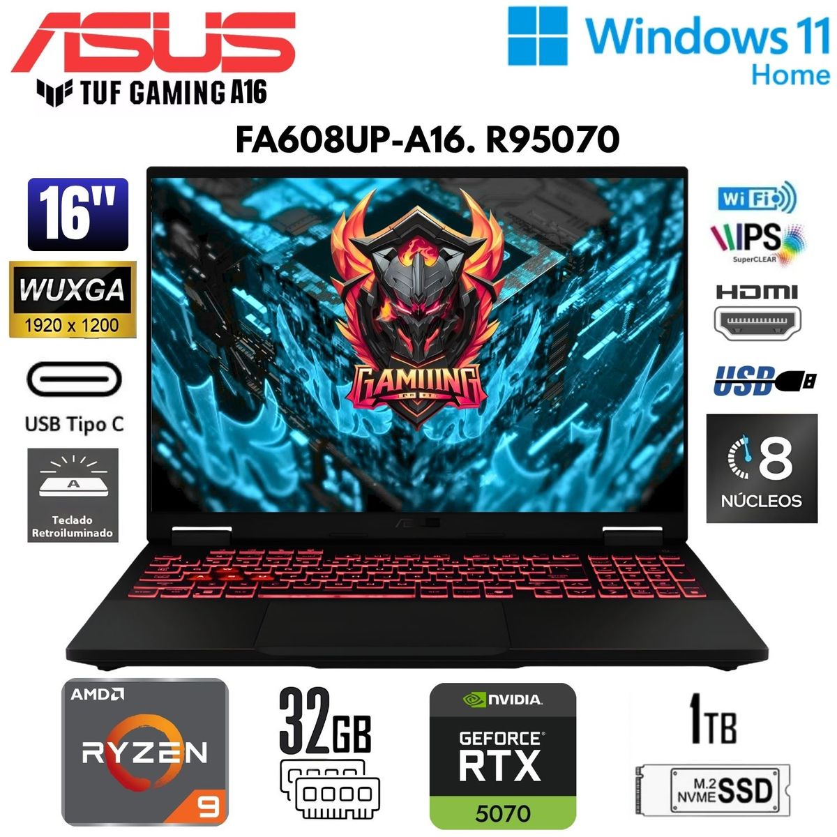 ASUS - Laptop ASUS Gamer TUF A16 AMD Ryzen 9-270 32GB RAM 1TB SSD NVIDIA GeForce RTX 5070 8GB 16" 165 Hz