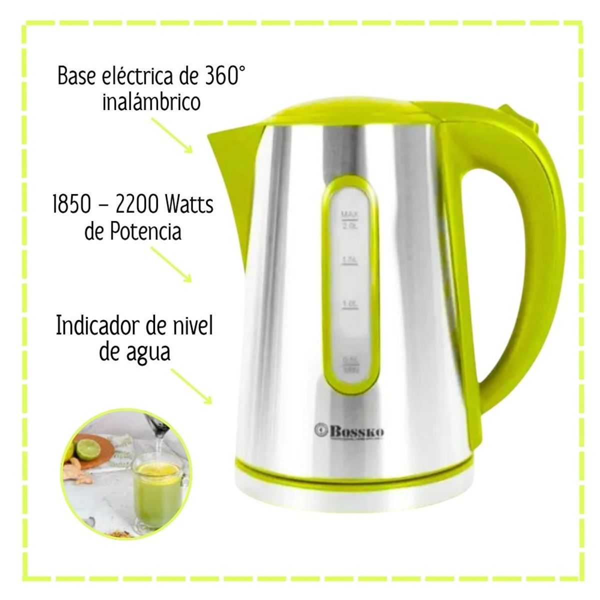 FINEZZA - Hervidor Eléctrico Bossko 2 Litros Acero 2200 Watts BK-208H