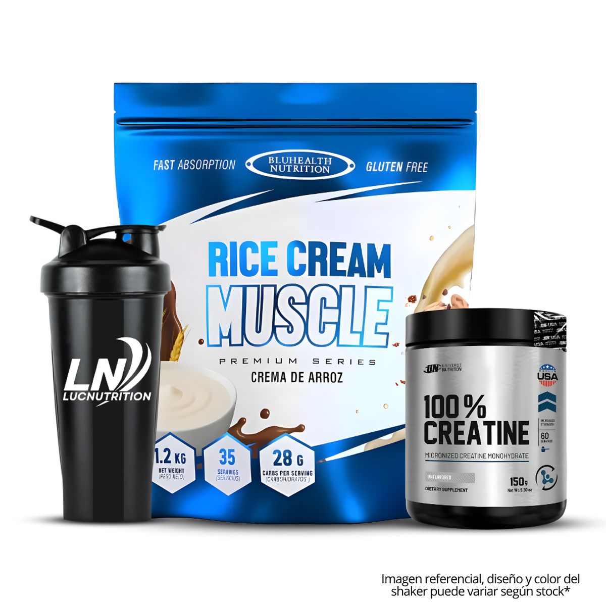 GENERICO - Crema de arroz 1.2 kg Bluhealth Cookie + Creatina universe nutrition 150 g + shaker