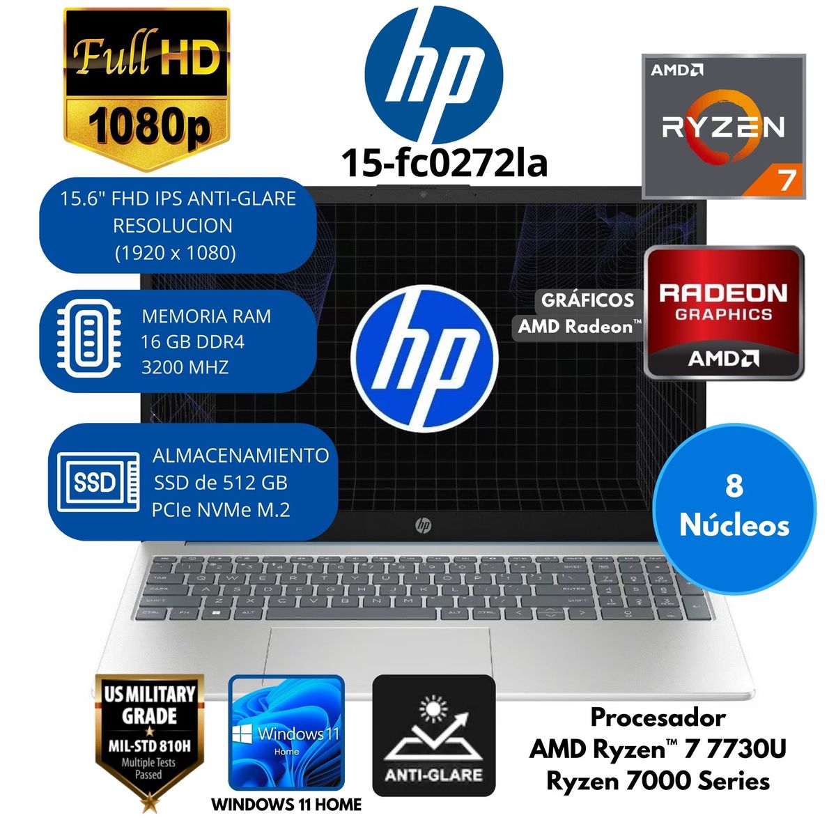 HP - Laptop HP AMD Ryzen 7(15-fc0272la) RAM 16 GB SSD 512 GB 15.6"FHD Windows 11 HOME