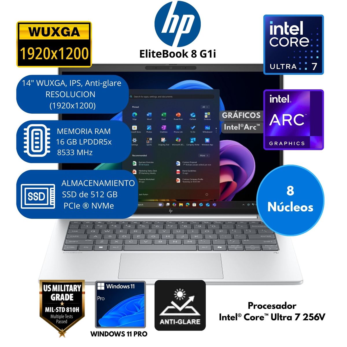 HP - Laptop HP EliteBook 8 G1i Intel Core Ultra 7 RAM 16 GB SSD 512 GB 14"WUXGA Windows 11 PRO