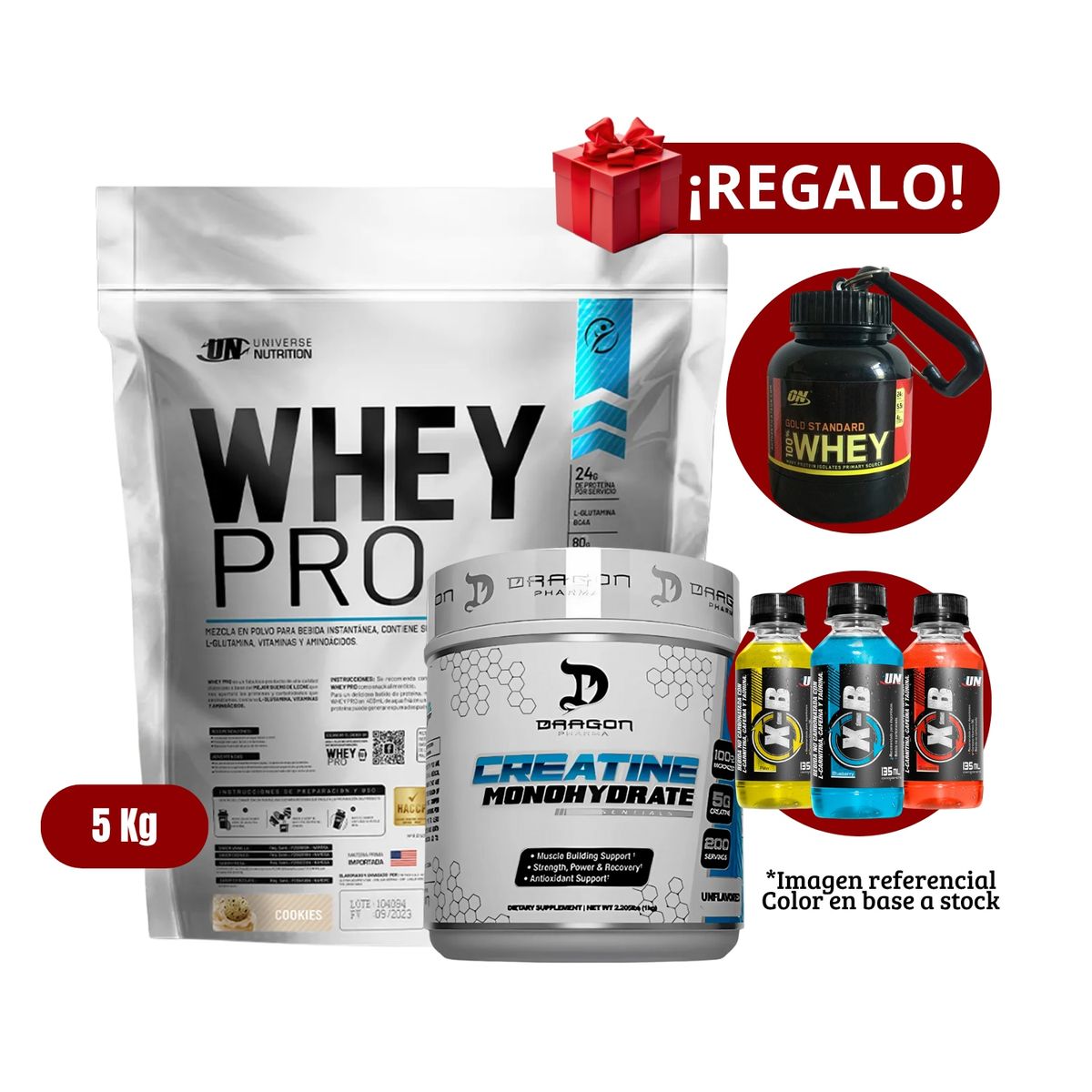 UNIVERSE NUTRITION - Proteína Whey Pro 5Kg Cookies+Dragon Pharma 1 Kg+Portaproteína+XB