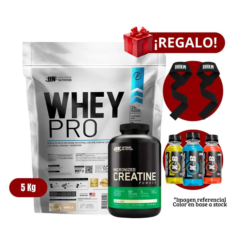 UNIVERSE NUTRITION - Proteína Whey Pro 5Kg Vainilla+Optimum Nutrition 600g+Straps + XB
