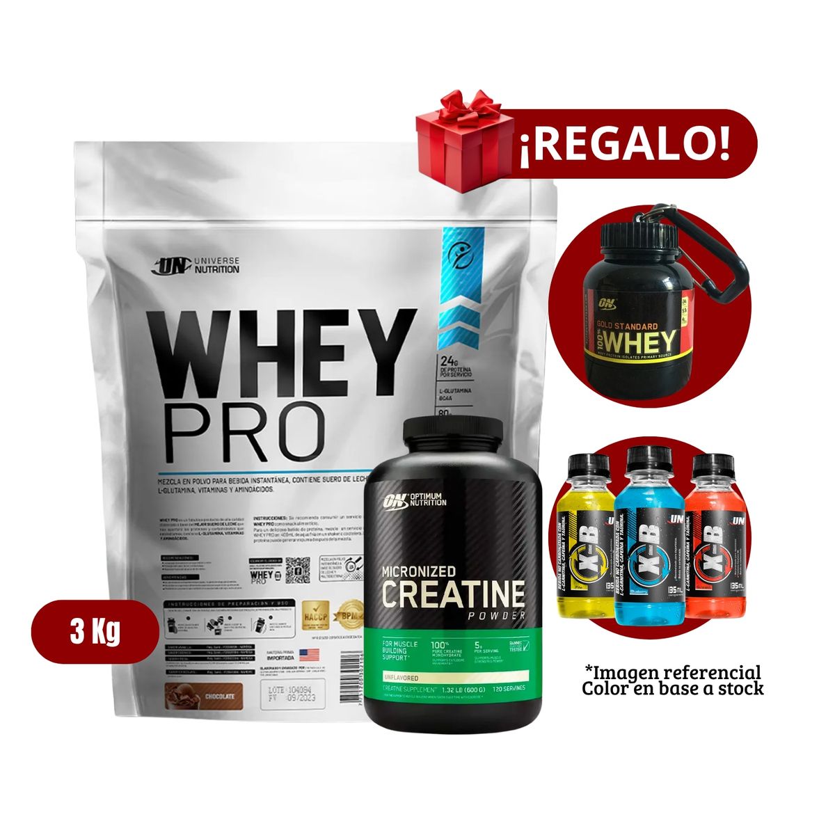 UNIVERSE NUTRITION - Whey Pro 3Kg Chocolate+Optimum Nutrition 600g+Portaproteína+XB