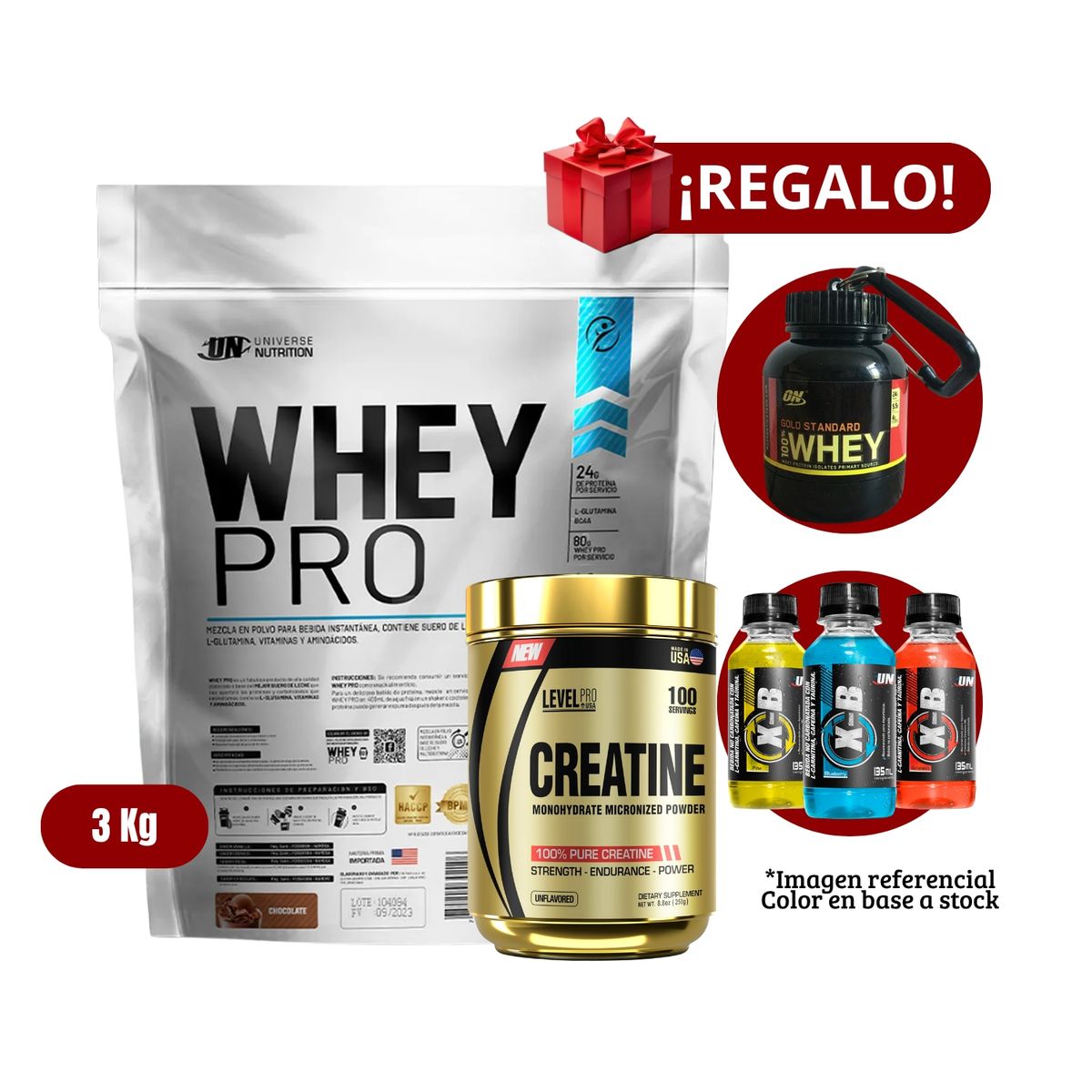 UNIVERSE NUTRITION - Proteína Whey Pro 3Kg Chocolate+Level Pro 250g+Portaproteína+XB