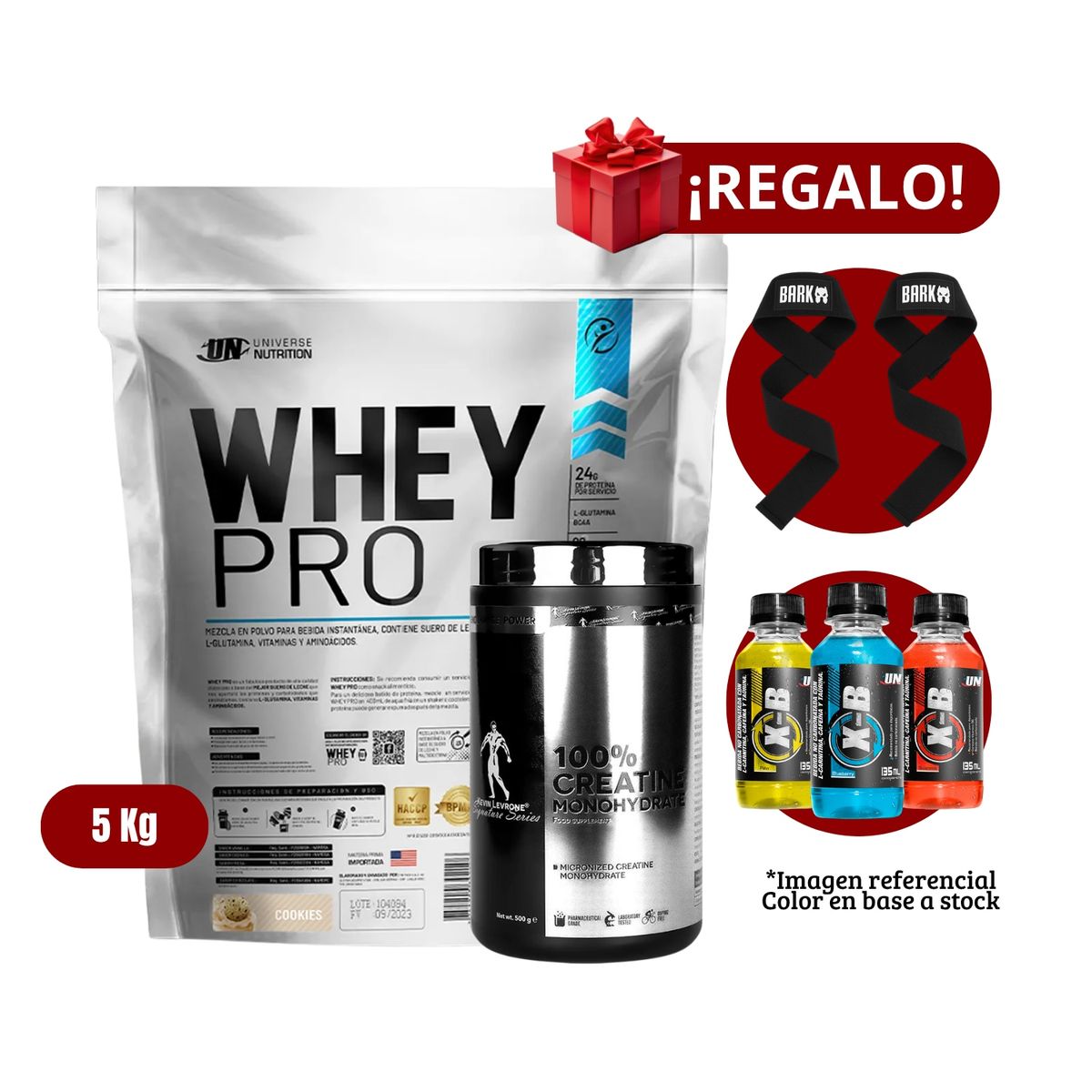 UNIVERSE NUTRITION - Proteína Whey Pro 5Kg Cookies+Kevine Levrone 500g+Straps + XB