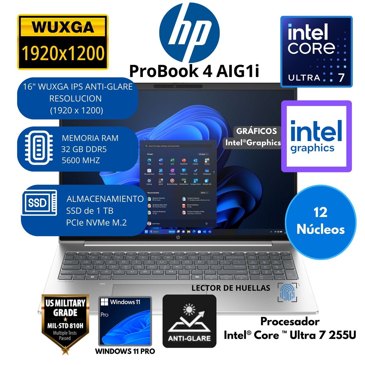 HP - Laptop HP Intel Core Ultra 7 (ProBook 4 AIG1i) RAM 32 GB SSD 1 TB 16"WUXGA Windows 11 PRO