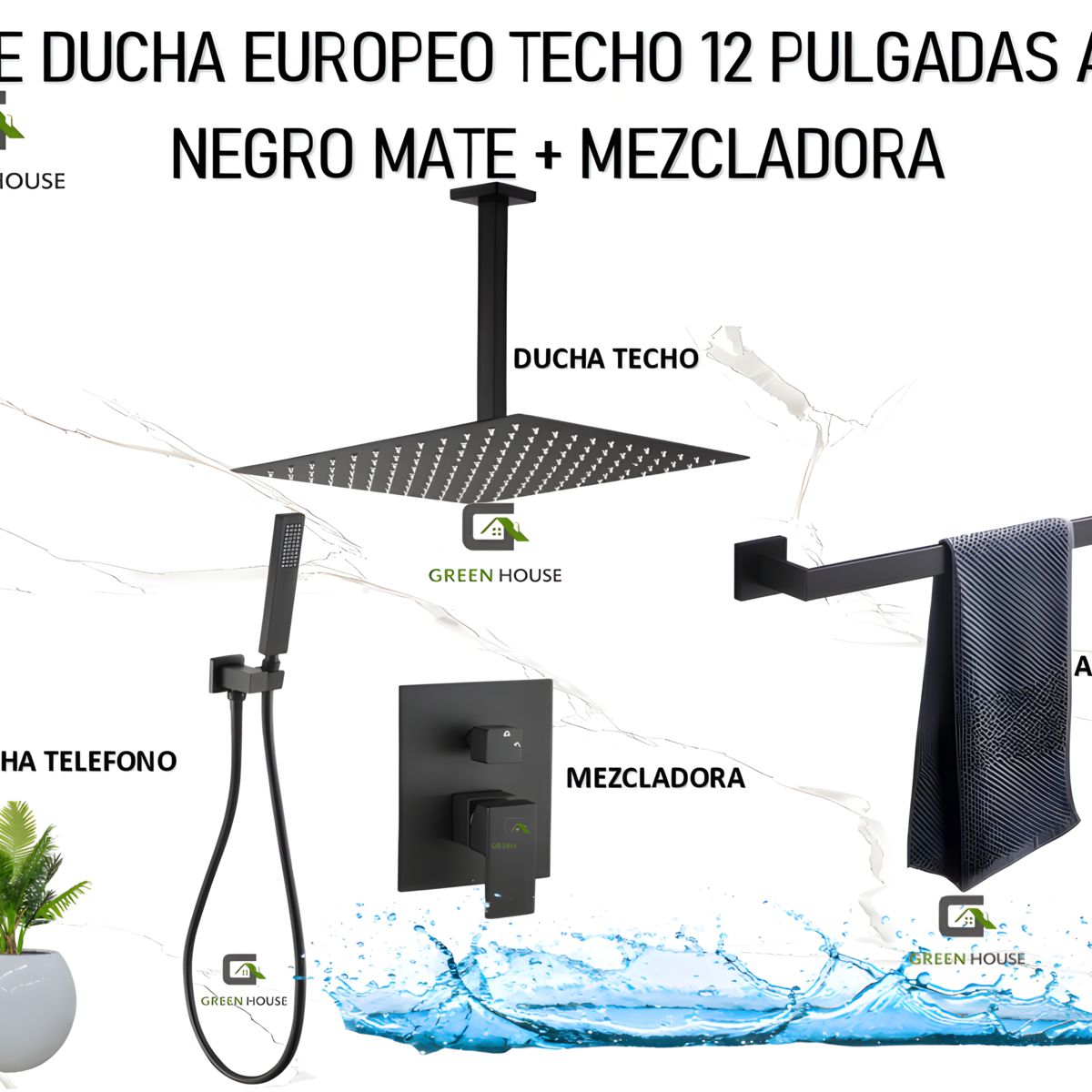 GREEN HOUSE - KIT DE DUCHA TEUROPEO TECHO 12 PULGADAS ACERO NEGRO MATE