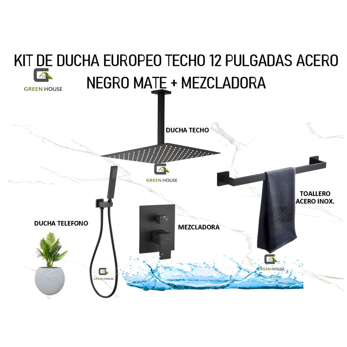 GREEN HOUSE - KIT DE DUCHA TEUROPEO TECHO 12 PULGADAS ACERO NEGRO MATE
