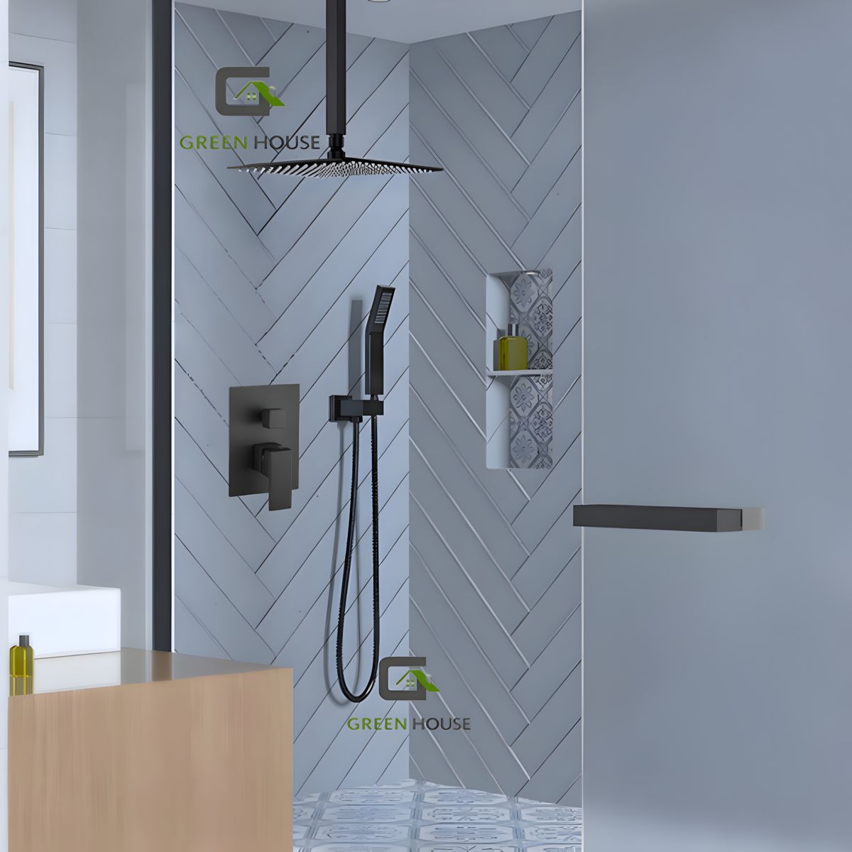GREEN HOUSE - KIT DE DUCHA TEUROPEO TECHO 12 PULGADAS ACERO NEGRO MATE