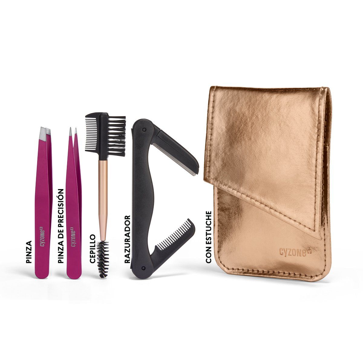 CYZONE - Set estuche 2 pinzas cepillos peine razurador cejas cyzone