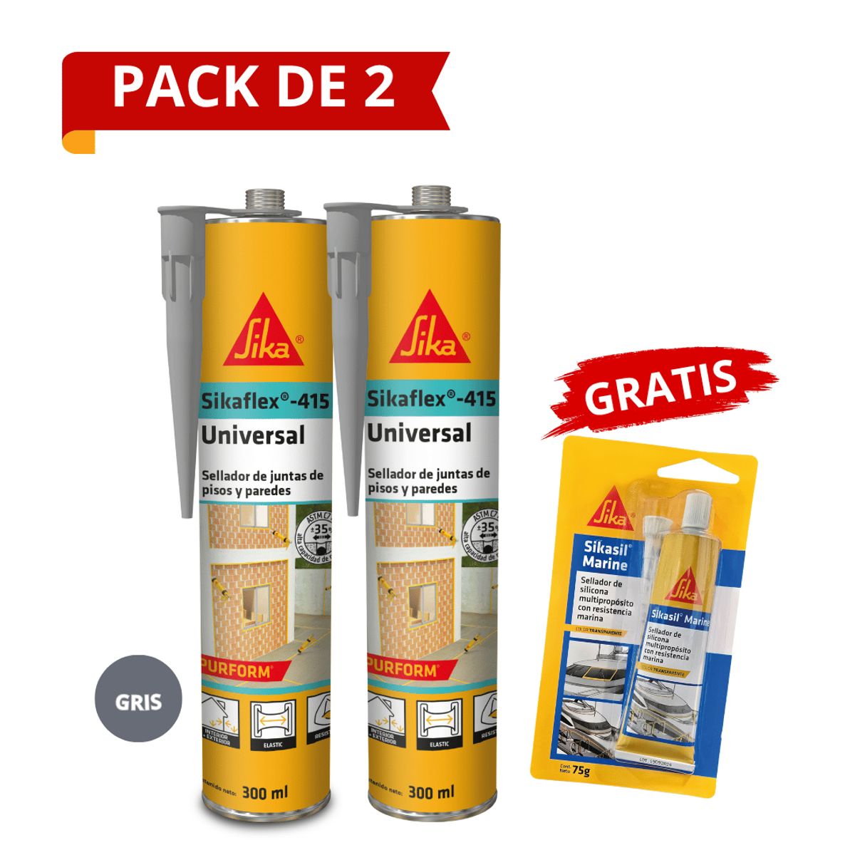 SIKA - Pack 2 Sellador para juntas Sikaflex 415 Gris + Gratis Sikasil Marine