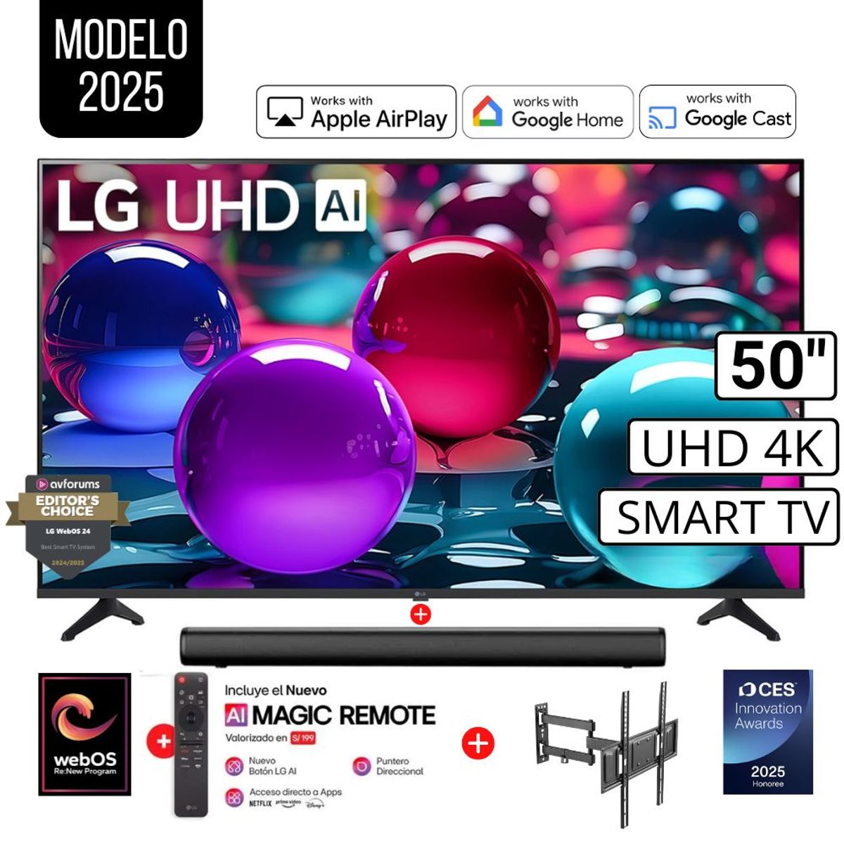 LG - Televisor Lg 50 Pulg Ultra HD 4K AI ThinQ 50UA7300PSB Modelo 2025 + Control Magic + Sounbar + Rack