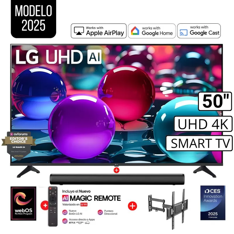 LG - Televisor Lg 50 Pulg Ultra HD 4K AI ThinQ 50UA7300PSB Modelo 2025 + Control Magic + Sounbar + Rack