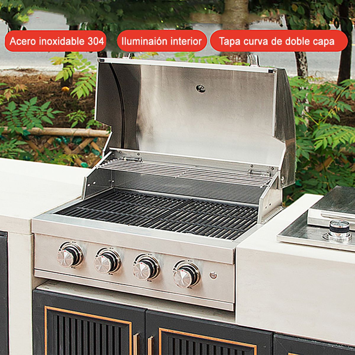 HIGRILL - Parrilla A Gas 4 Quemadores con Tapa para Empotrar de Acero Inoxidable