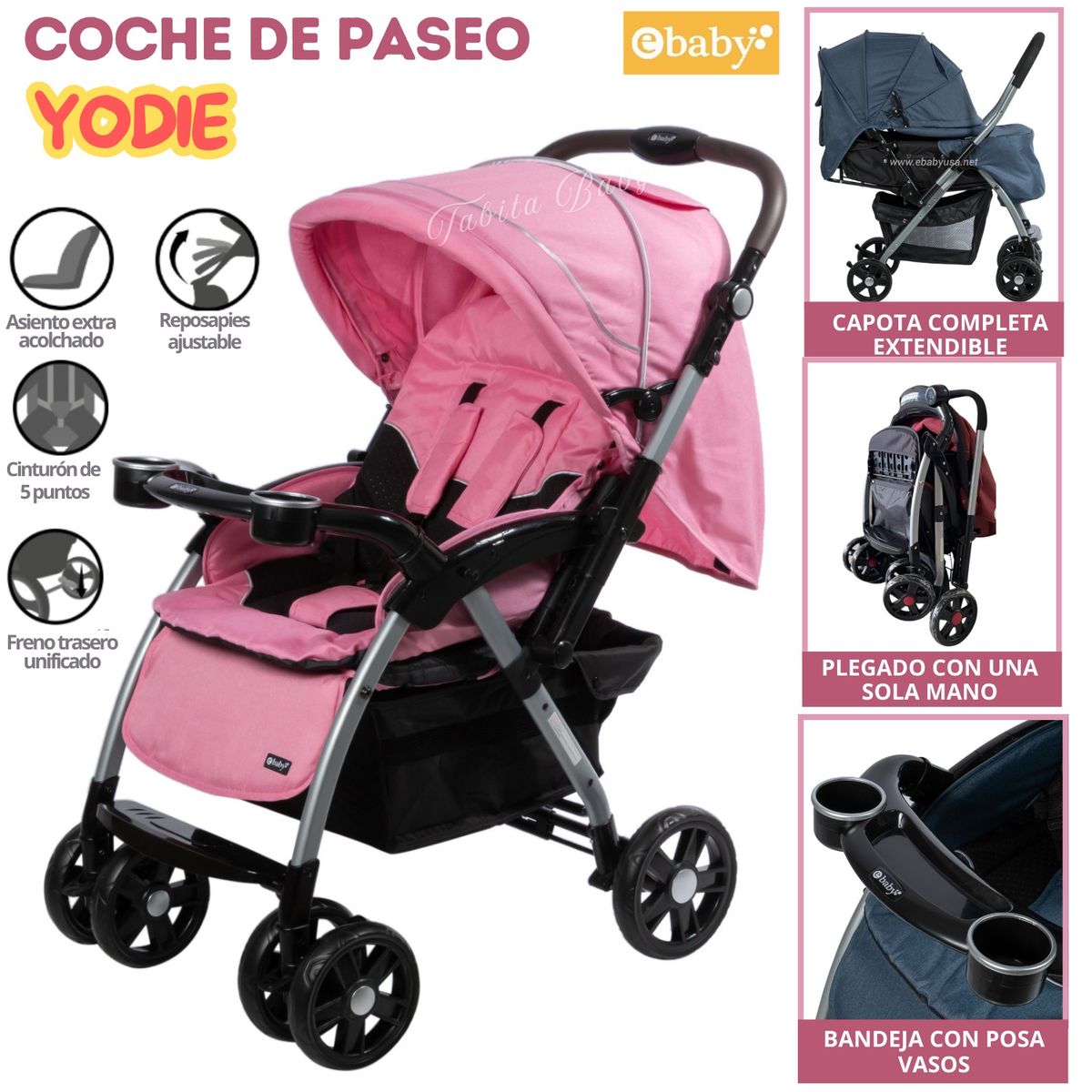 EBABY - Coche Cuna Extra Acolchado con portavasos Yodie Rosado