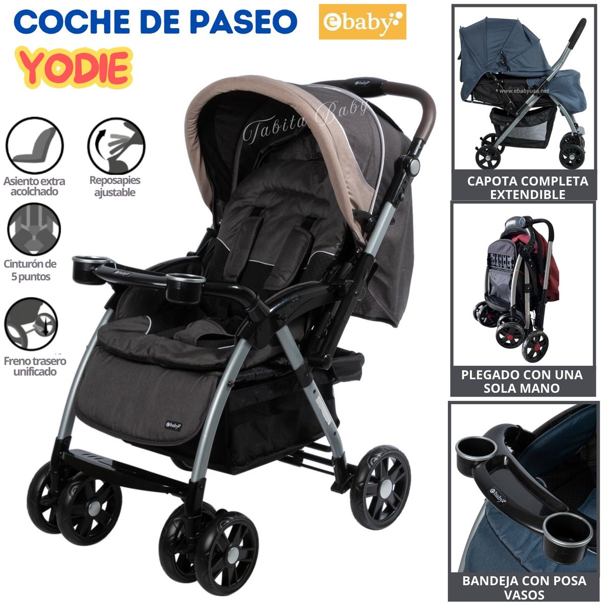 EBABY - Coche Cuna Extra Acolchado con portavasos Yodie Negro