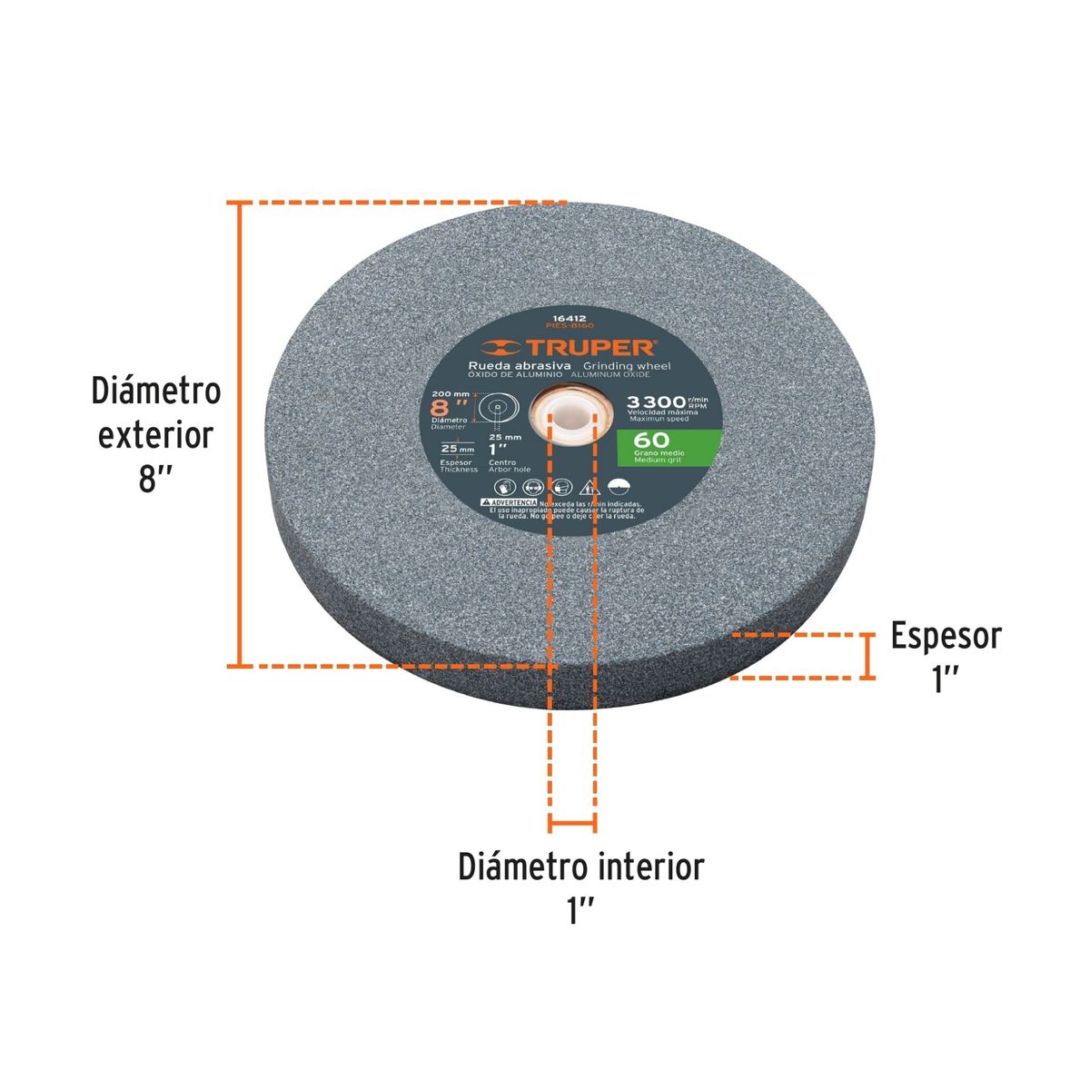 TRUPER - Piedra afilador 8" para esmeril, grano 60 Truper