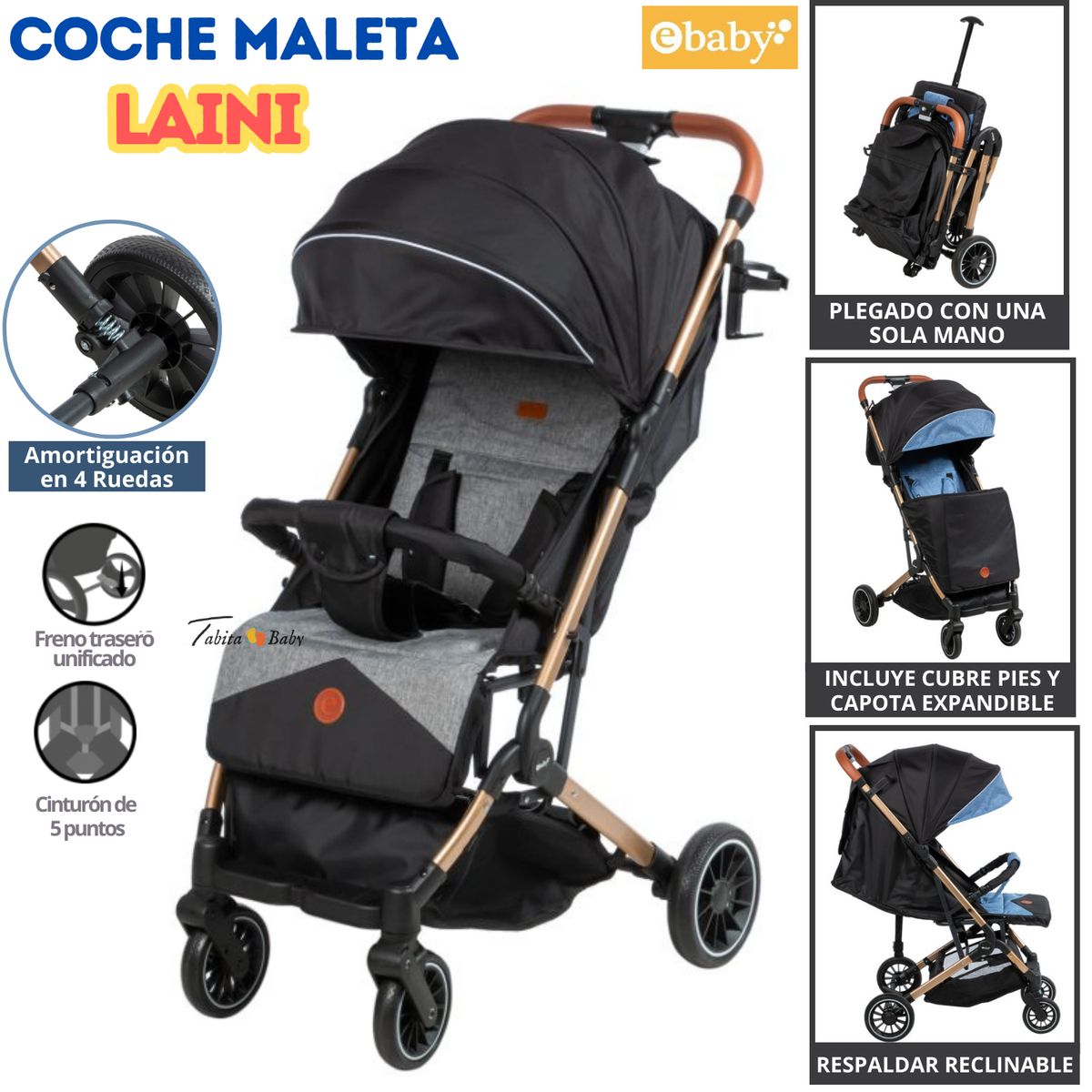 EBABY - Coche Maleta Plegable Compacto LAINI Negro