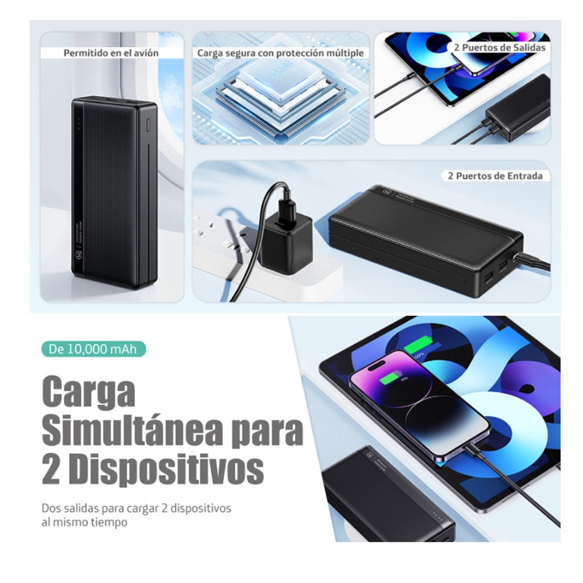 USAMS - Cargador Power Bank USAMS USB-A 10000mAh Para iPhone Xiaomi