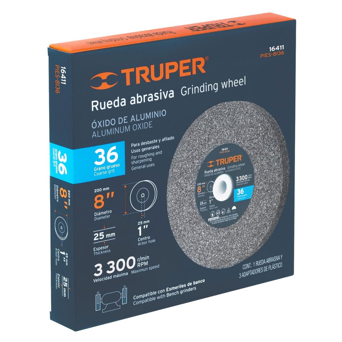 TRUPER - Piedra afilador 8" para esmeril, grano 36 Truper