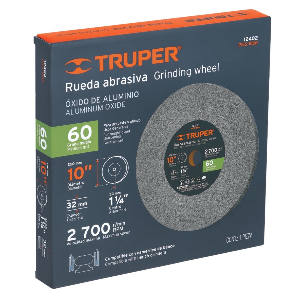 TRUPER - Piedra afilador 10" para esmeril, grano 60 Truper