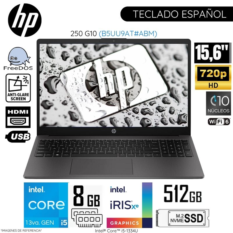 HP - Laptop HP 250 G10 Intel Core i5-1334U 8GB RAM 512GB SSD 15.6"  HD FreeDos (B5UU9AT) - Gris