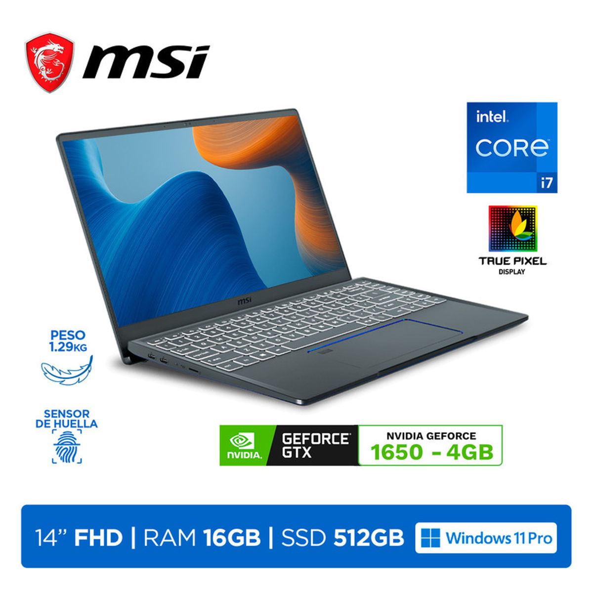 Msi - Laptop MSI Prestige 14 A10SC Creator i7-10710U 16GB 512GB Video 4GB GTX 1650 14 FHD Win11ProWhite.
