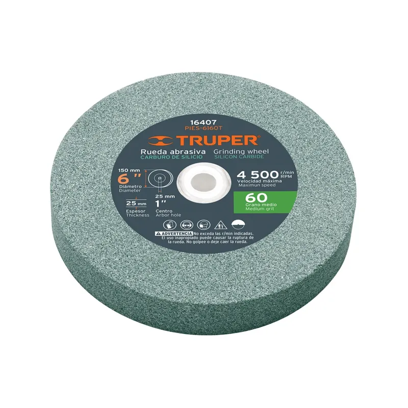 TRUPER - Piedra afilador carburo silicio  6"x25mm, para esmeril, grano 60 Truper