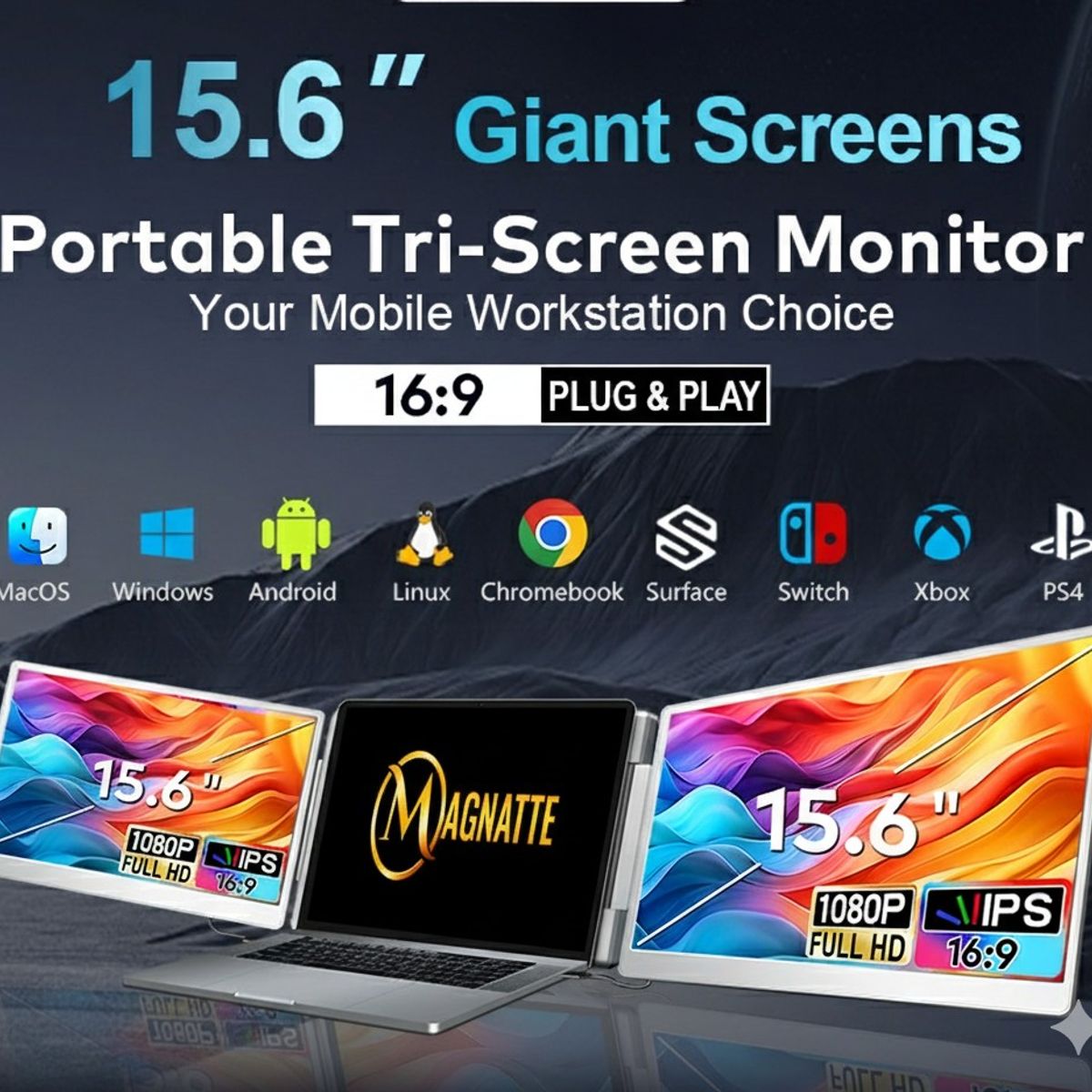 MAGNATTE - MONITOR PORTATIL  Dual Para Laptop  LCD IPS  15.6"  Full hd 60hz MGT-S10