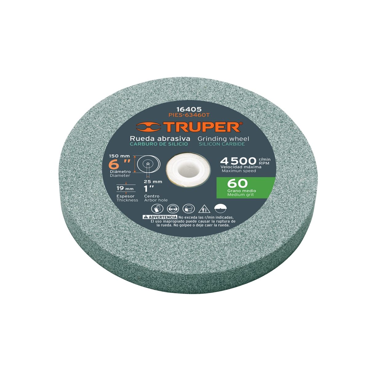 TRUPER - Piedra afilador carburo silicio  6"x19mm para esmeril, grano 60 Truper