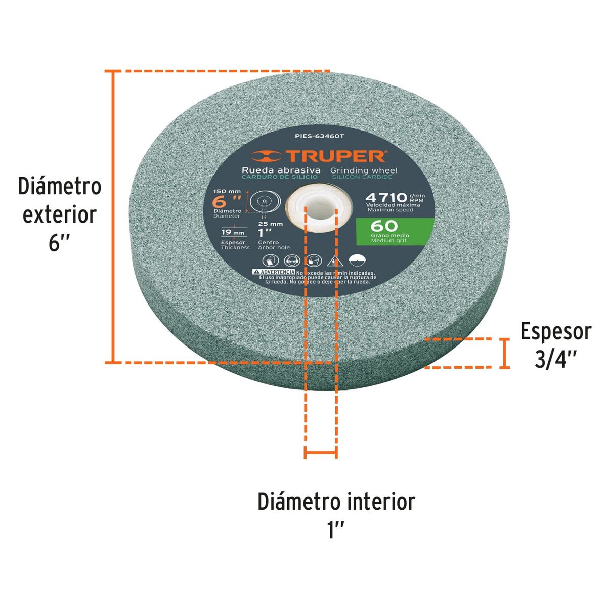 TRUPER - Piedra afilador carburo silicio  6"x19mm para esmeril, grano 60 Truper