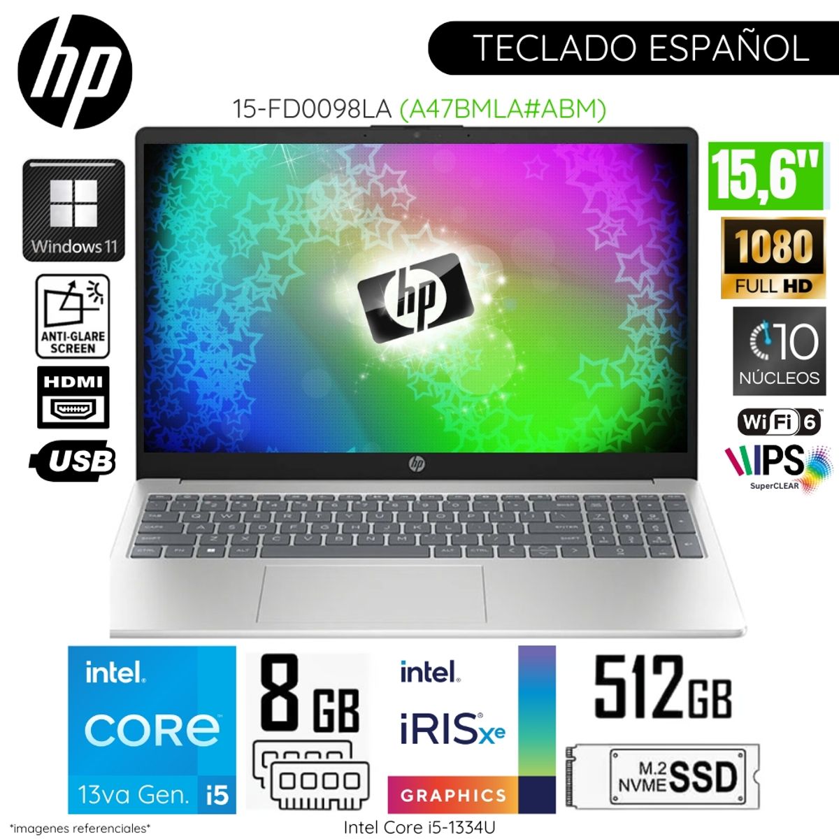 HP - Laptop HP 15-FD0098LA Intel Corei5-1334U 8GB RAM 512GB SSD 15.6"  FHD Win11- Azul Claro