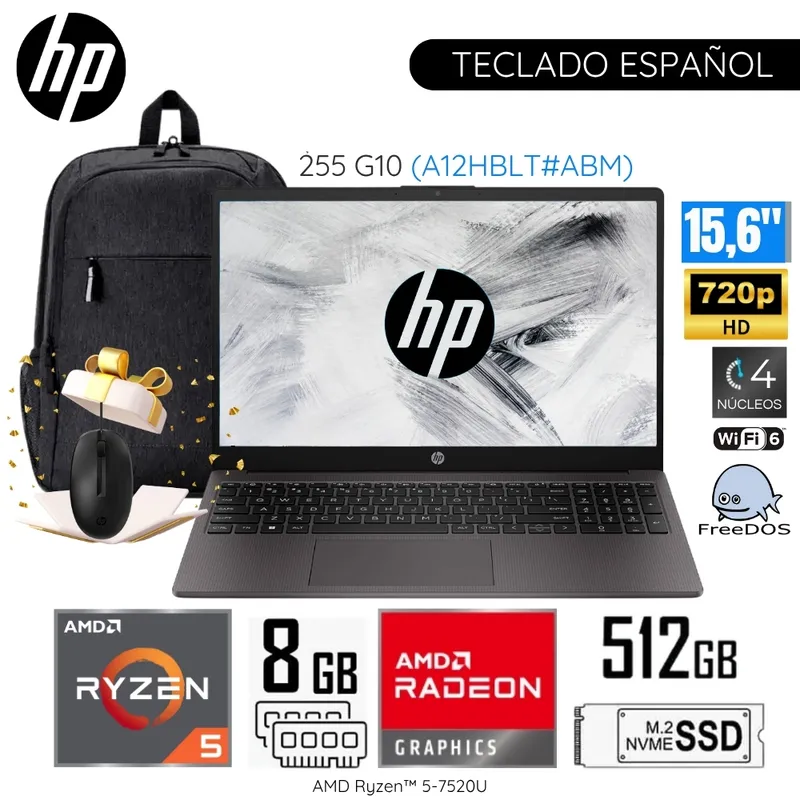 HP - Laptop HP 255 G10 (A12HBLT#ABM) AMD Ryzen5-7520U 8GB RAM 512GB SSD 15.6" HD + Mochila y Mouse HP